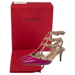 Pre Owned Valentino Pink Patent Leather Caged Rockstud Ankle Strap Sandals Size38.5