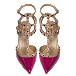 Pre Owned Valentino Pink Patent Leather Caged Rockstud Ankle Strap Sandals Size38.5
