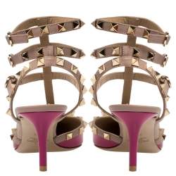 Pre Owned Valentino Pink Patent Leather Caged Rockstud Ankle Strap Sandals Size38.5