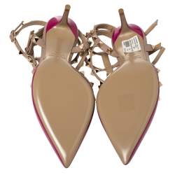 Pre Owned Valentino Pink Patent Leather Caged Rockstud Ankle Strap Sandals Size38.5