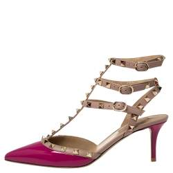 Pre Owned Valentino Pink Patent Leather Caged Rockstud Ankle Strap Sandals Size38.5