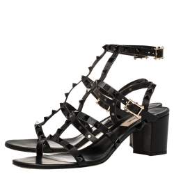Pre Owned Valentino Black Leather Rockstud Block Heel Sandals Size 39