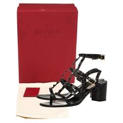 Pre Owned Valentino Black Leather Rockstud Block Heel Sandals Size 39