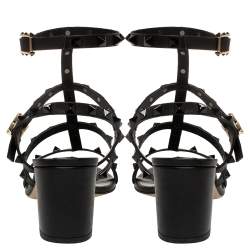 Pre Owned Valentino Black Leather Rockstud Block Heel Sandals Size 39
