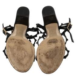 Pre Owned Valentino Black Leather Rockstud Block Heel Sandals Size 39