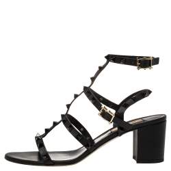 Pre Owned Valentino Black Leather Rockstud Block Heel Sandals Size 39