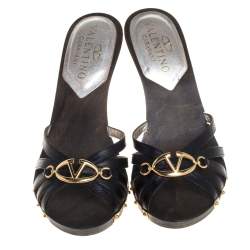 Pre Owned Valentino Vintage Black Leather Logo Embellished Slide Sandals Size 37.5