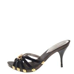 Pre Owned Valentino Vintage Black Leather Logo Embellished Slide Sandals Size 37.5