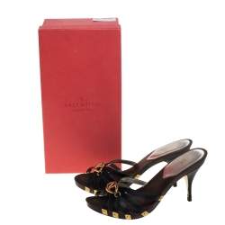 Pre Owned Valentino Vintage Black Leather Logo Embellished Slide Sandals Size 37.5