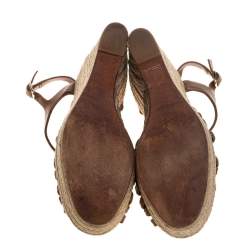 Pre Owned Valentino Brown Leather Espadrille Wedge Sandals Size 37