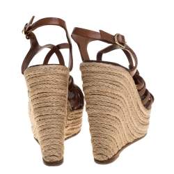 Pre Owned Valentino Brown Leather Espadrille Wedge Sandals Size 37