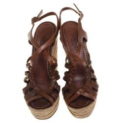 Pre Owned Valentino Brown Leather Espadrille Wedge Sandals Size 37