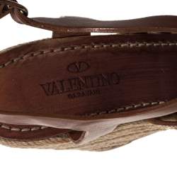 Pre Owned Valentino Brown Leather Espadrille Wedge Sandals Size 37