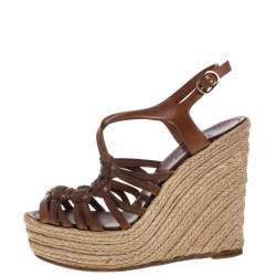 Pre Owned Valentino Brown Leather Espadrille Wedge Sandals Size 37