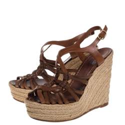 Pre Owned Valentino Brown Leather Espadrille Wedge Sandals Size 37