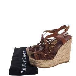 Pre Owned Valentino Brown Leather Espadrille Wedge Sandals Size 37