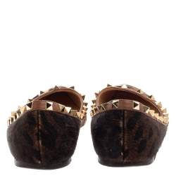 Pre Owned Valentino Brown Leopard Print Calf Hair Rockstud Ballerina Flats Size 39.5