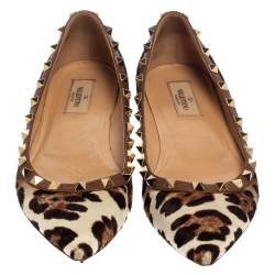 Pre Owned Valentino Brown Leopard Print Calf Hair Rockstud Ballerina Flats Size 39.5