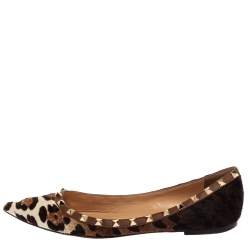 Pre Owned Valentino Brown Leopard Print Calf Hair Rockstud Ballerina Flats Size 39.5