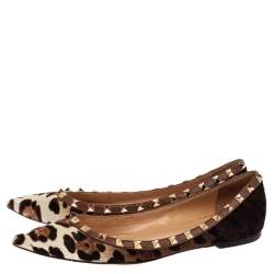 Pre Owned Valentino Brown Leopard Print Calf Hair Rockstud Ballerina Flats Size 39.5