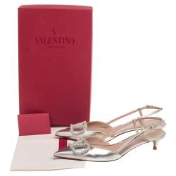Pre Owned Valentino Metallic Leather VLogo Signature Slingback Pumps Size 39