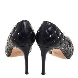 Pre Owned Valentino Black Quilted Leather Studded Pointed Toe Pumps Size 37.5