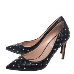 Pre Owned Valentino Black Quilted Leather Studded Pointed Toe Pumps Size 37.5