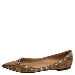 Pre Owned Valentino Brown/Beige Python Leather Rockstud Pointed Toe Flats Size 37