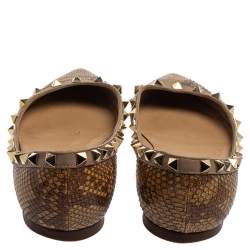 Pre Owned Valentino Brown/Beige Python Leather Rockstud Pointed Toe Flats Size 37