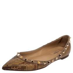 Pre Owned Valentino Brown/Beige Python Leather Rockstud Pointed Toe Flats Size 37