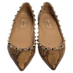 Pre Owned Valentino Brown/Beige Python Leather Rockstud Pointed Toe Flats Size 37