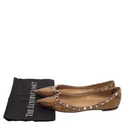 Pre Owned Valentino Brown/Beige Python Leather Rockstud Pointed Toe Flats Size 37