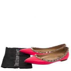 Pre Owned Valentino Neon Pink Leather Rockstud Pointed Toe Ballet Flats Size 39