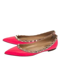 Pre Owned Valentino Neon Pink Leather Rockstud Pointed Toe Ballet Flats Size 39