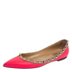 Pre Owned Valentino Neon Pink Leather Rockstud Pointed Toe Ballet Flats Size 39