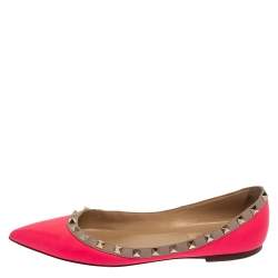 Pre Owned Valentino Neon Pink Leather Rockstud Pointed Toe Ballet Flats Size 39