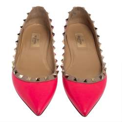 Pre Owned Valentino Neon Pink Leather Rockstud Pointed Toe Ballet Flats Size 39