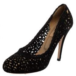 Pre Owned Valentino Black Suede Laser Cut Pumps Size 38