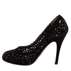 Pre Owned Valentino Black Suede Laser Cut Pumps Size 38