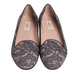 Pre Owned Valentino Pink/Black Lace Smoking Slippers Size 40