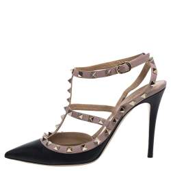 Pre Owned Valentino Black/Pink Leather Rockstud Sandals Size 41