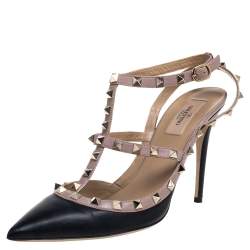 Pre Owned Valentino Black/Pink Leather Rockstud Sandals Size 41
