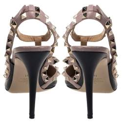 Pre Owned Valentino Black/Pink Leather Rockstud Sandals Size 41