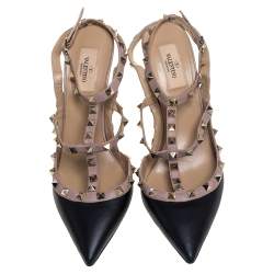 Pre Owned Valentino Black/Pink Leather Rockstud Sandals Size 41