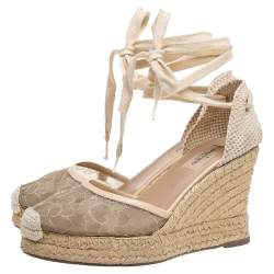 Pre Owned Valentino Beige Lace And Knit Fabric  Espadrille Wedge Sandals Size 38