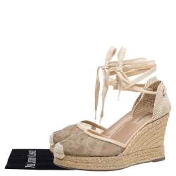 Pre Owned Valentino Beige Lace And Knit Fabric  Espadrille Wedge Sandals Size 38