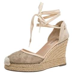 Pre Owned Valentino Beige Lace And Knit Fabric  Espadrille Wedge Sandals Size 38