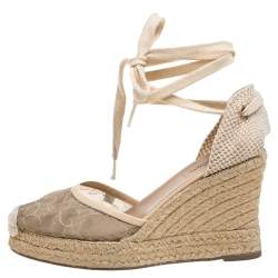 Pre Owned Valentino Beige Lace And Knit Fabric  Espadrille Wedge Sandals Size 38
