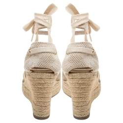 Pre Owned Valentino Beige Lace And Knit Fabric  Espadrille Wedge Sandals Size 38