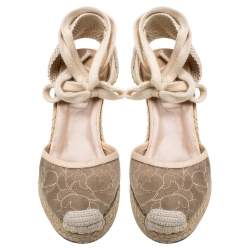 Pre Owned Valentino Beige Lace And Knit Fabric  Espadrille Wedge Sandals Size 38